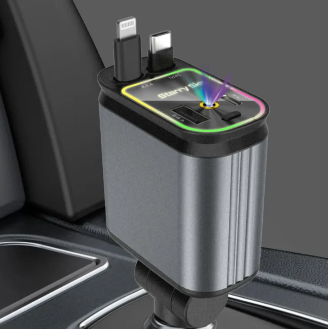 מטען רכב מהיר 120W – 4 ב-1 עם תאורת LED | USB + USB-C