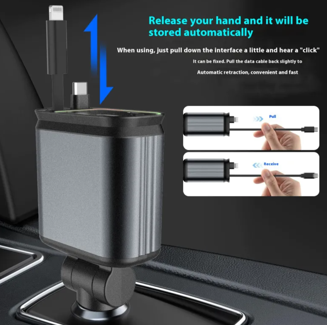 מטען רכב מהיר 120W – 4 ב-1 עם תאורת LED | USB + USB-C