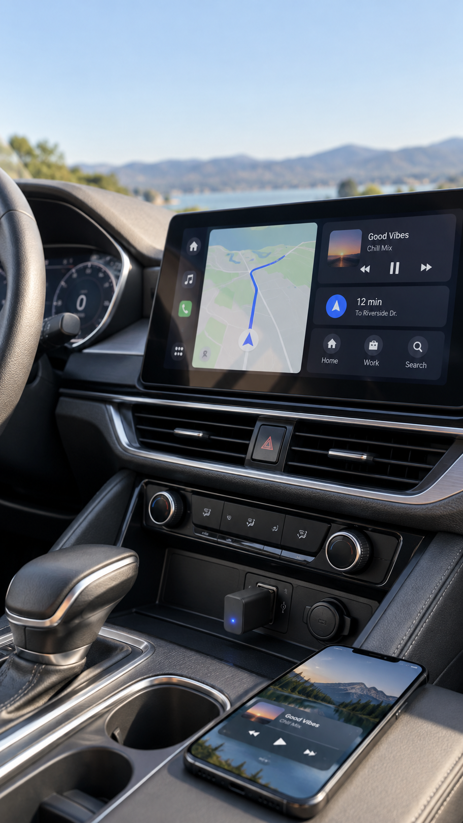 Wireless CarPlay adapter connected in a modern car interior