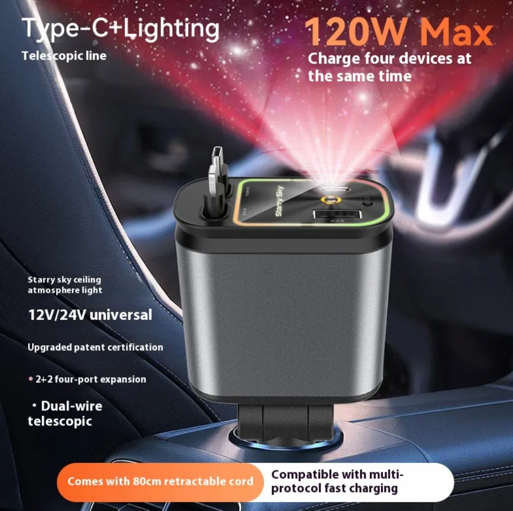 מטען רכב מהיר 120W – 4 ב-1 עם תאורת LED | USB + USB-C